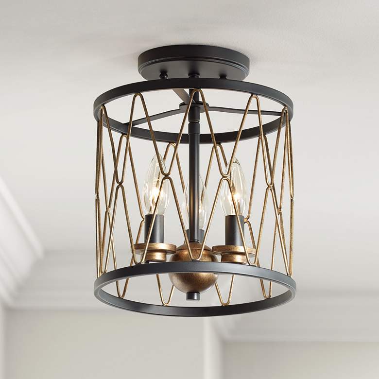 Image 1 Daniel 9 inch Wide Matte Black and Gold Cage Ceiling Light