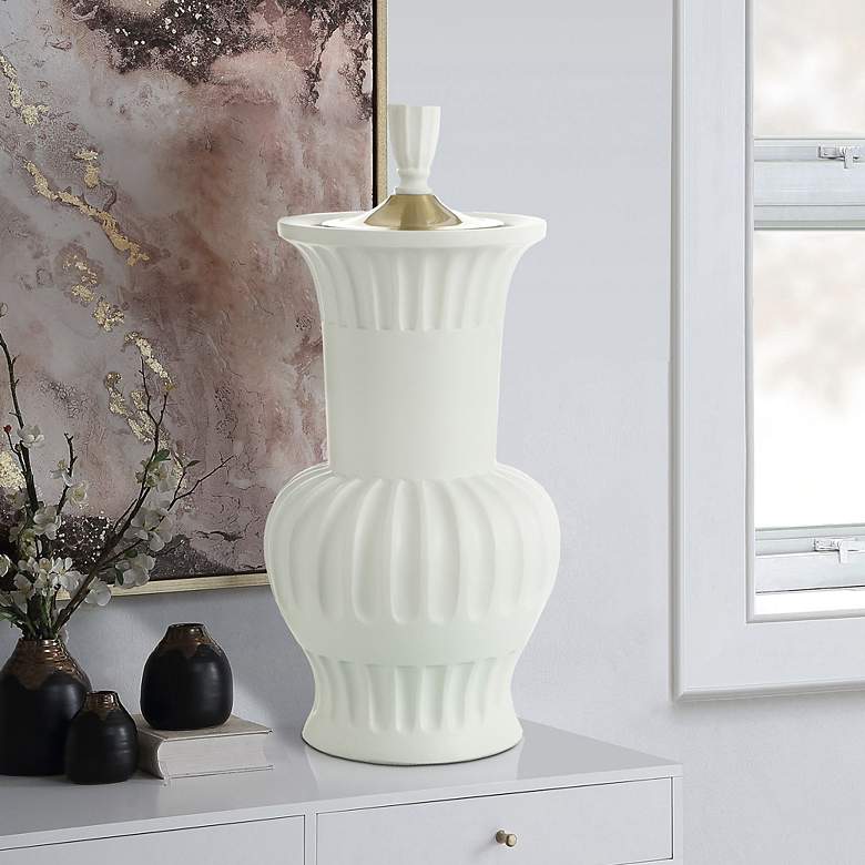 Image 1 Dann Foley 20.3" Pleated Malta White Decorative Urn Vase with Lid