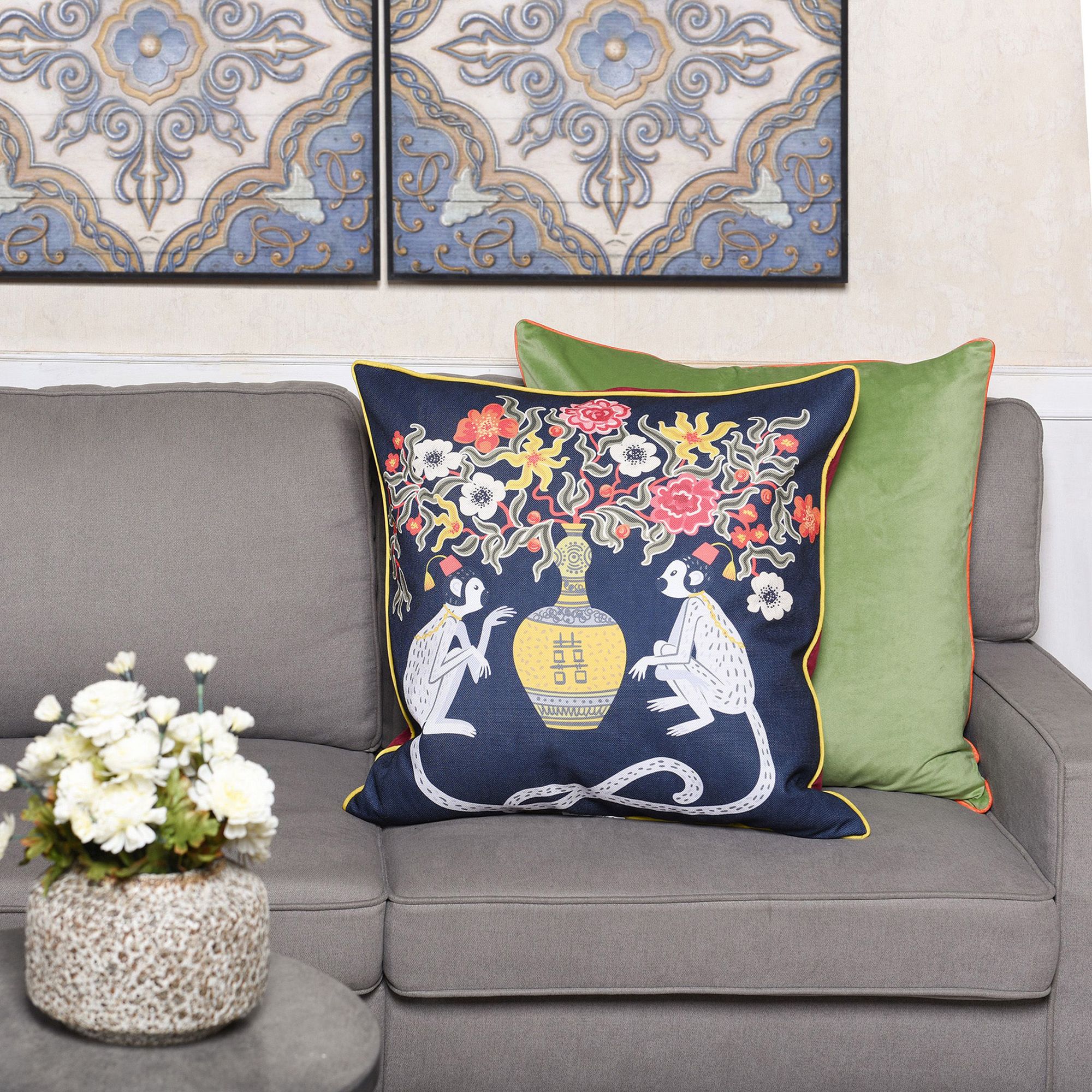 Image 6 Dann Foley 24" x 24 Floral Print and Maroon Velvet Double Sided Pillow more views