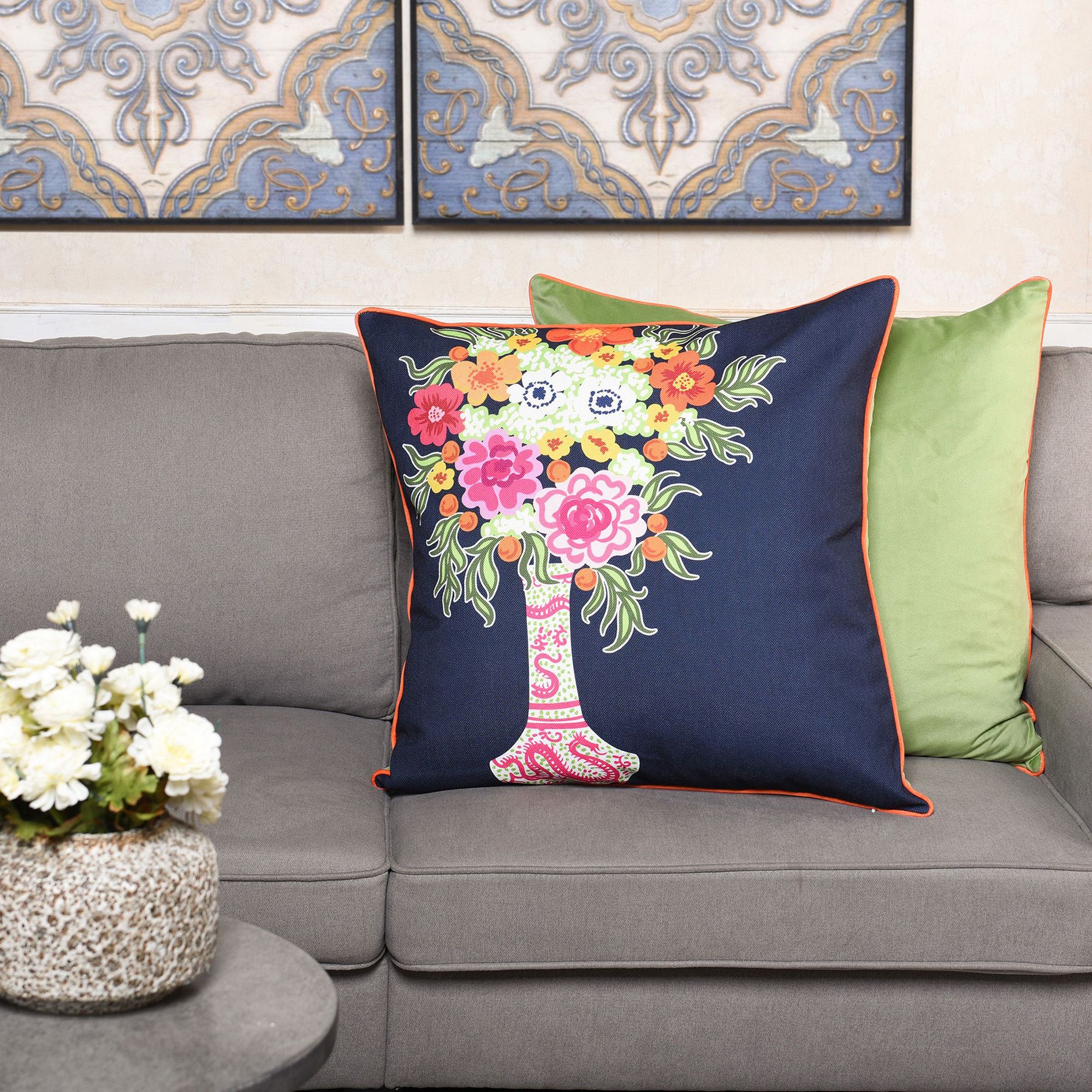 Image 6 Dann Foley 24" x 24 Left Floral Print and Green Velvet Double Sided Pi more views