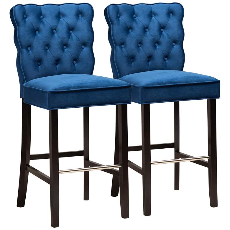 Image 2 Daphne 30 1/4 inch Navy Blue Velvet Tufted Bar Stools Set of 2