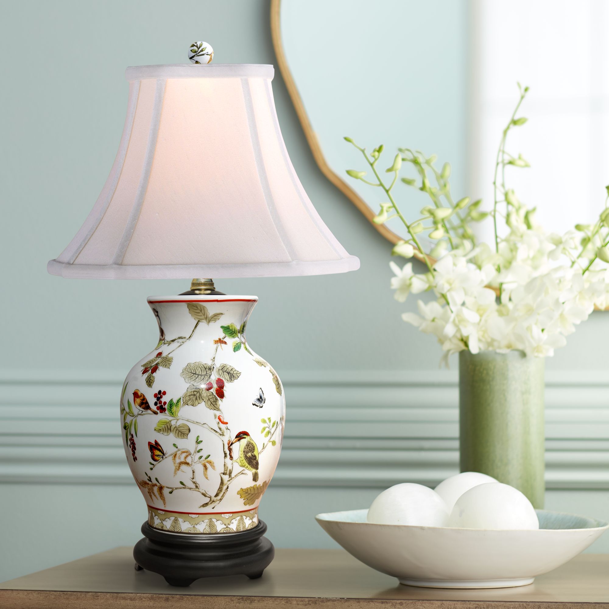 Dara MultiColor Flower and Bird Porcelain Vase Accent Table Lamp