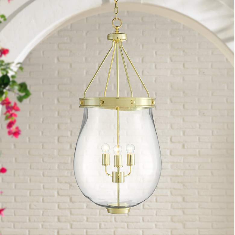 Image 1 Darius 18 1/2 inchW Polished Brass Glass 3-Light Lantern Pendant