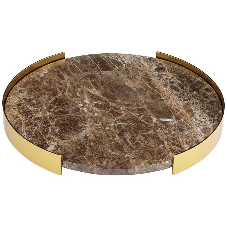 Image 1 Dark Brown Marble and Brass 12 1/4 inch Wide Round Tray