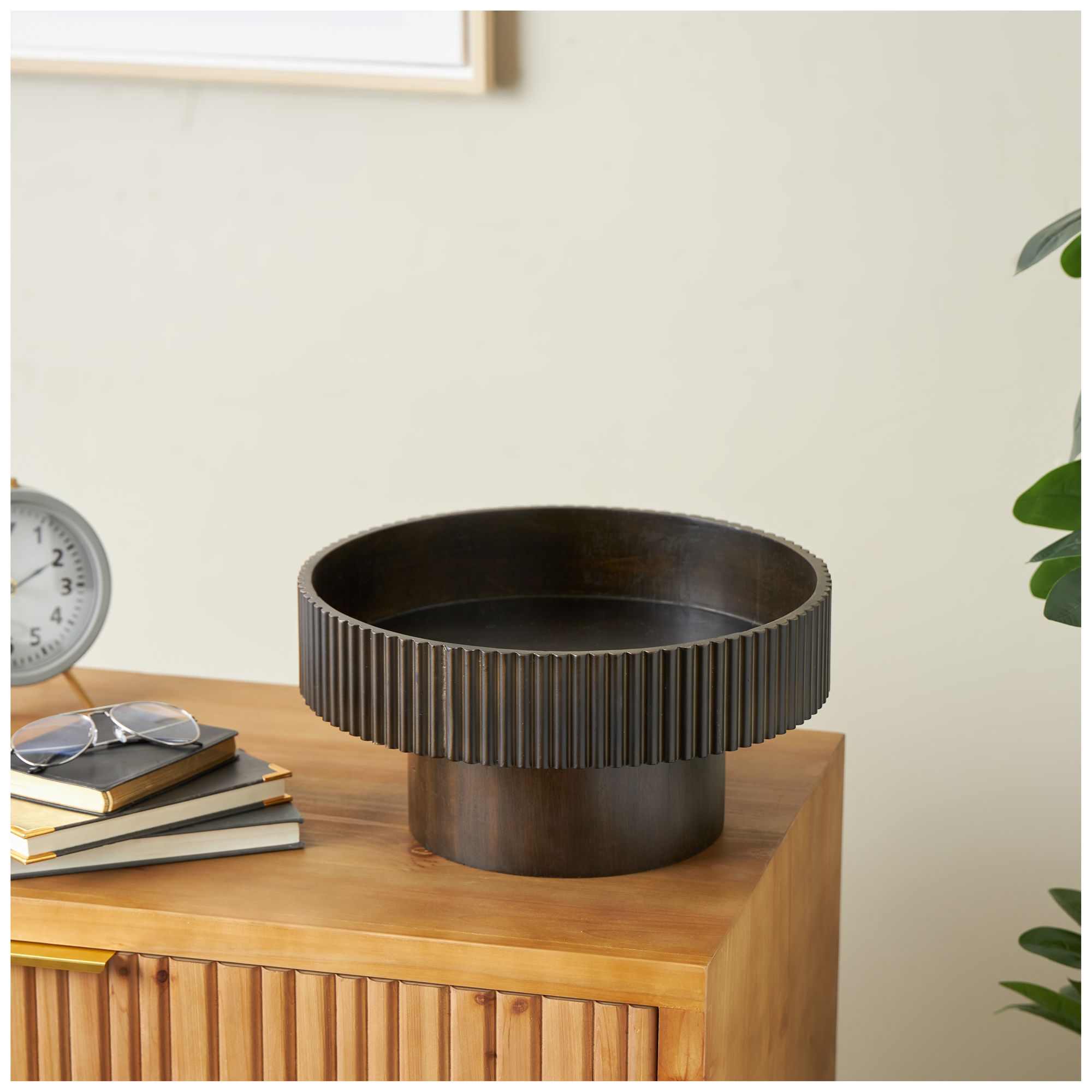 Image 4 Dark Brown Wood Modern Decorative Bowl, 14" x 14" x 7" more views