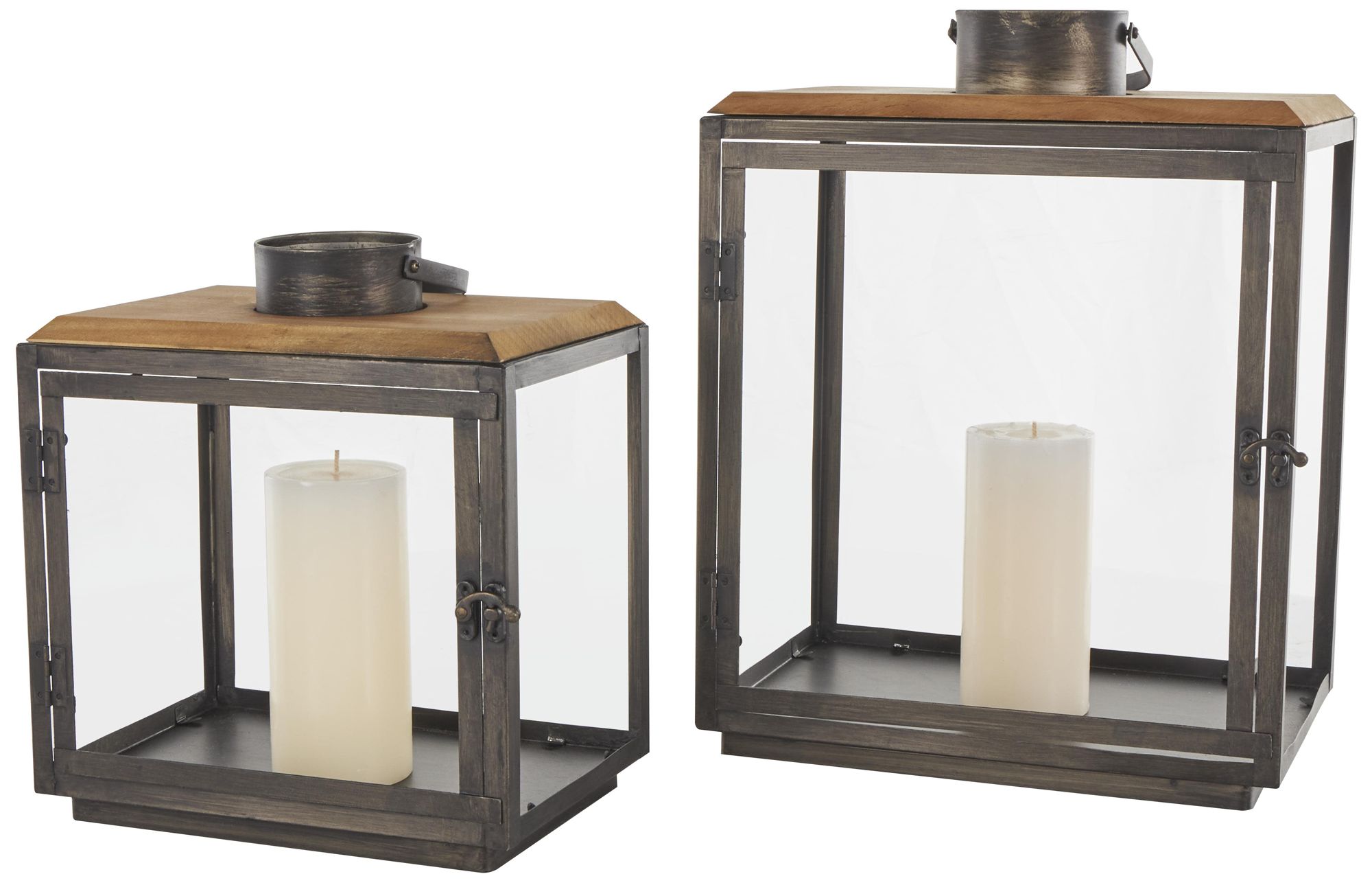 Image 2 Dark Gray Metal Industrial Candle Lantern, S/2 15", 11"H