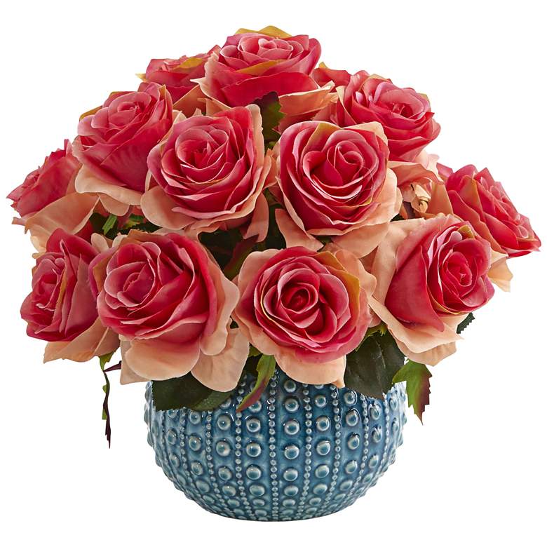 Image 1 Dark Pink Rose 11 1/2 inchW Faux Flowers in Blue Ceramic Vase