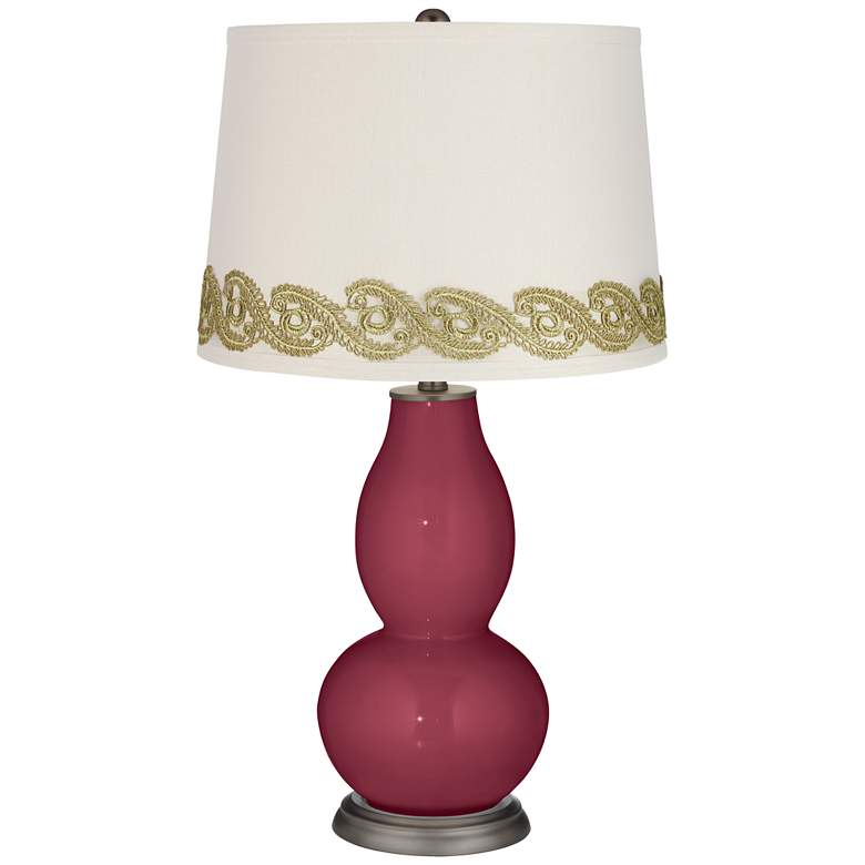 Image 1 Dark Plum Double Gourd Table Lamp with Vine Lace Trim