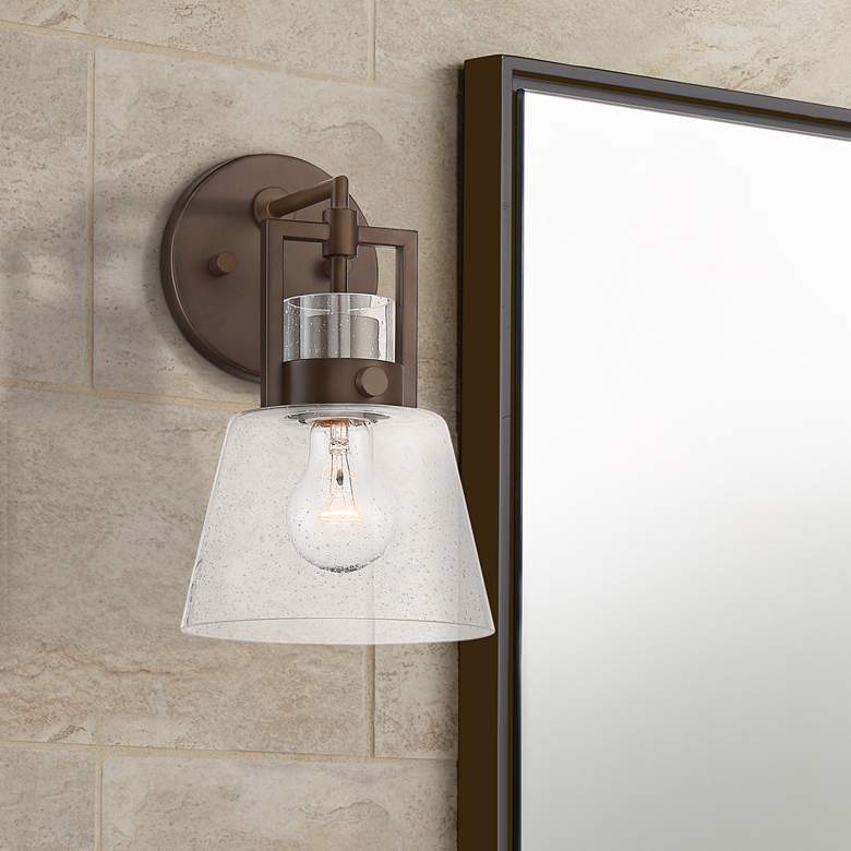 Image 1 Darnell 10 3/4" High Oil-Rubbed Bronze and Seedy Glass Wall Sconce