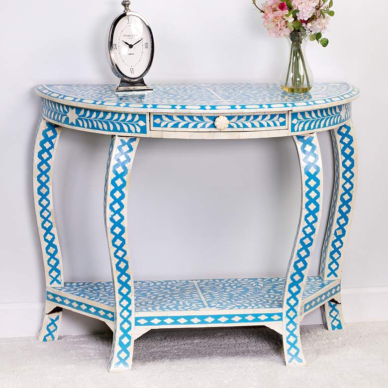 Image 1 Darrieux 37 1/2" Wide Blue Bone Inlay Demilune Console Table