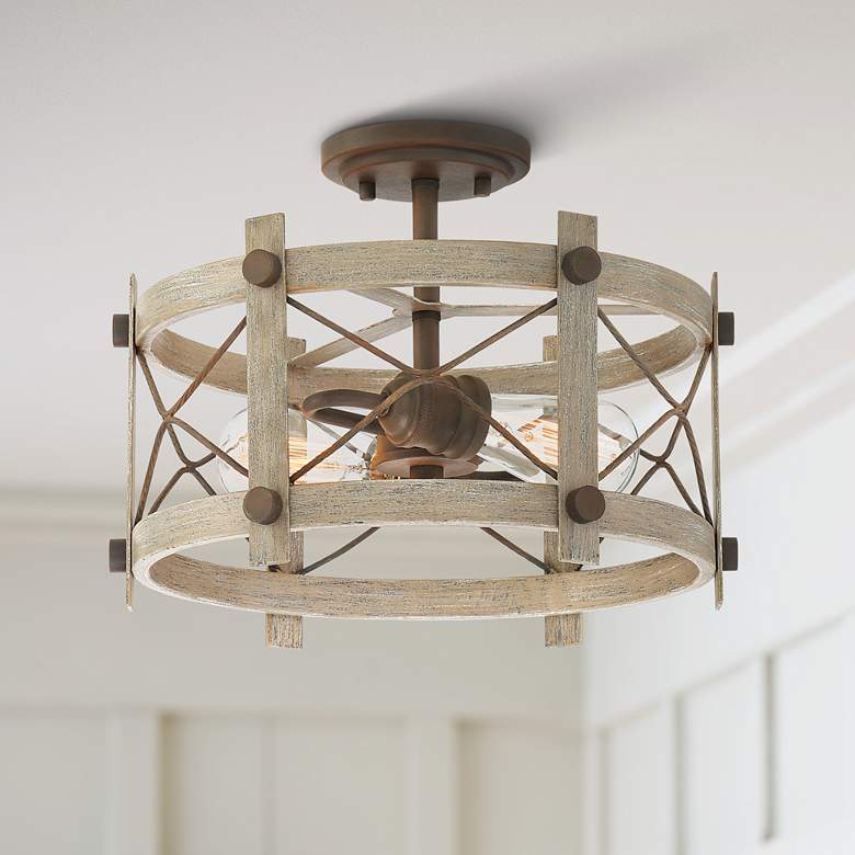 Image 1 Daryl 14 3/4 inch Wide Bronze and Wood Open Drum Ceiling Light