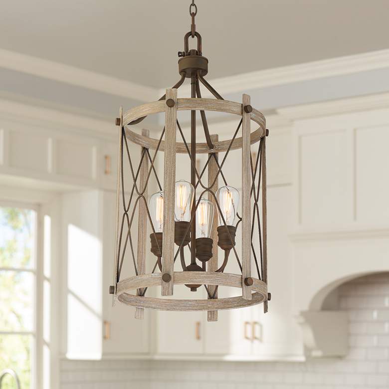 Daryl 16 1/2&quot; Wide Bronze and Wood Entry Pendant Light