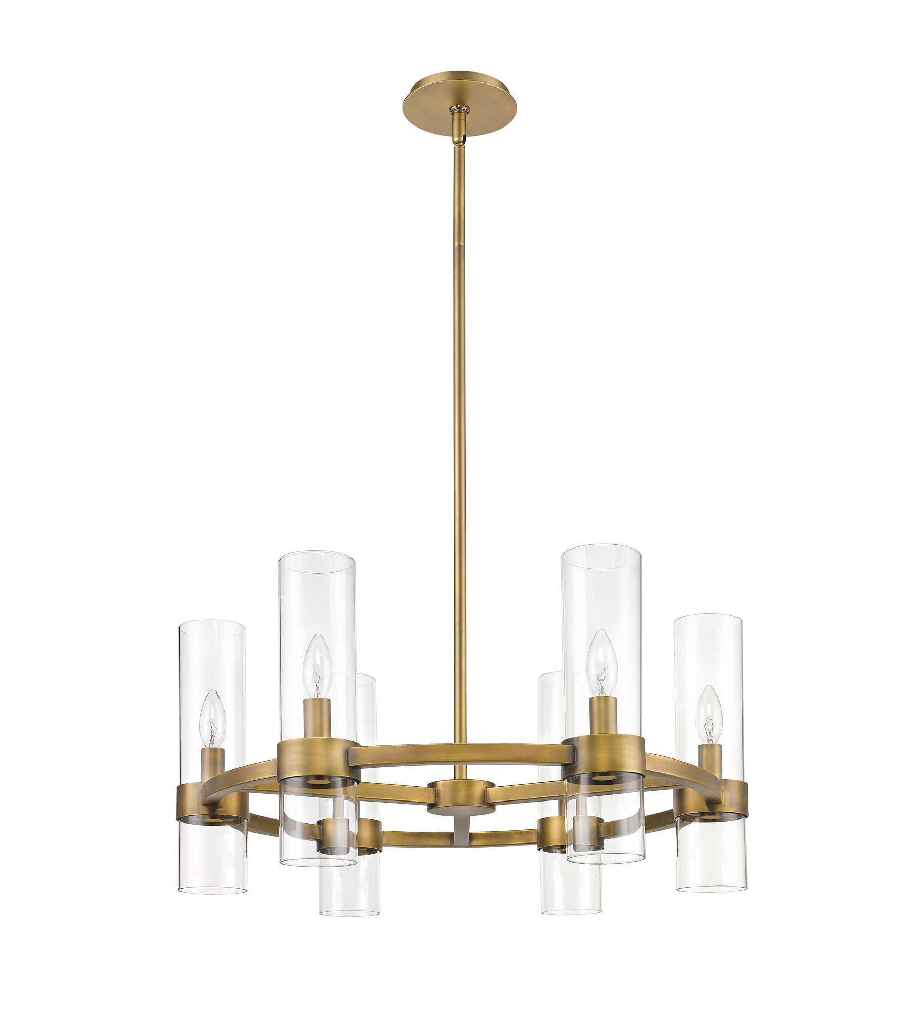 Datus 26"W Rubbed Brass and Clear Glass 6-Light Chandelier