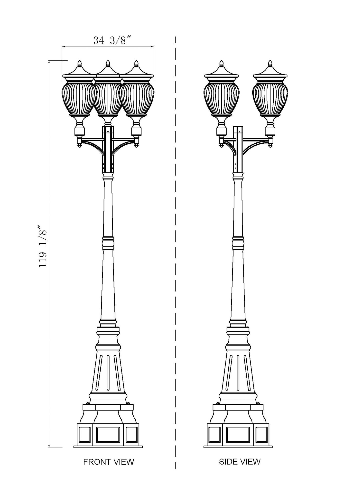 Davina 120 1/4"H Black 3-Head Outdoor Post Light with Base