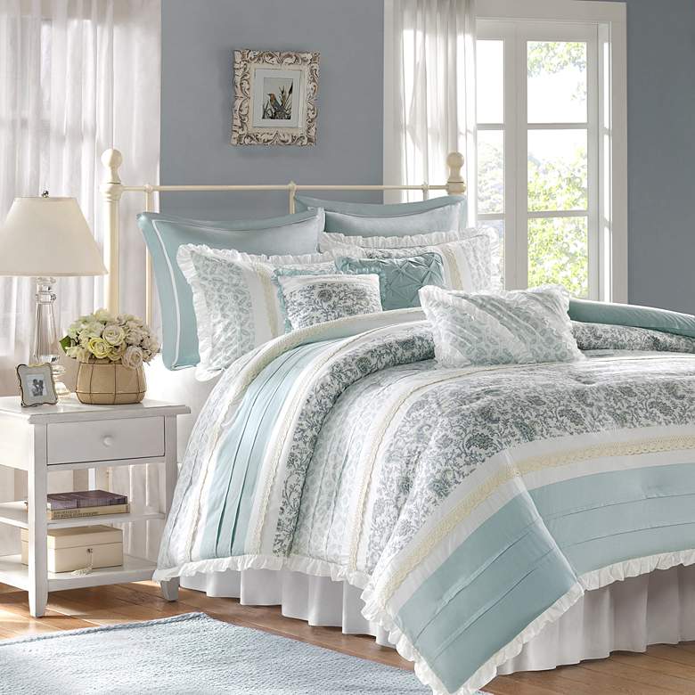 Image 2 Dawn Aqua Cotton Queen 9-Piece Comforter Set