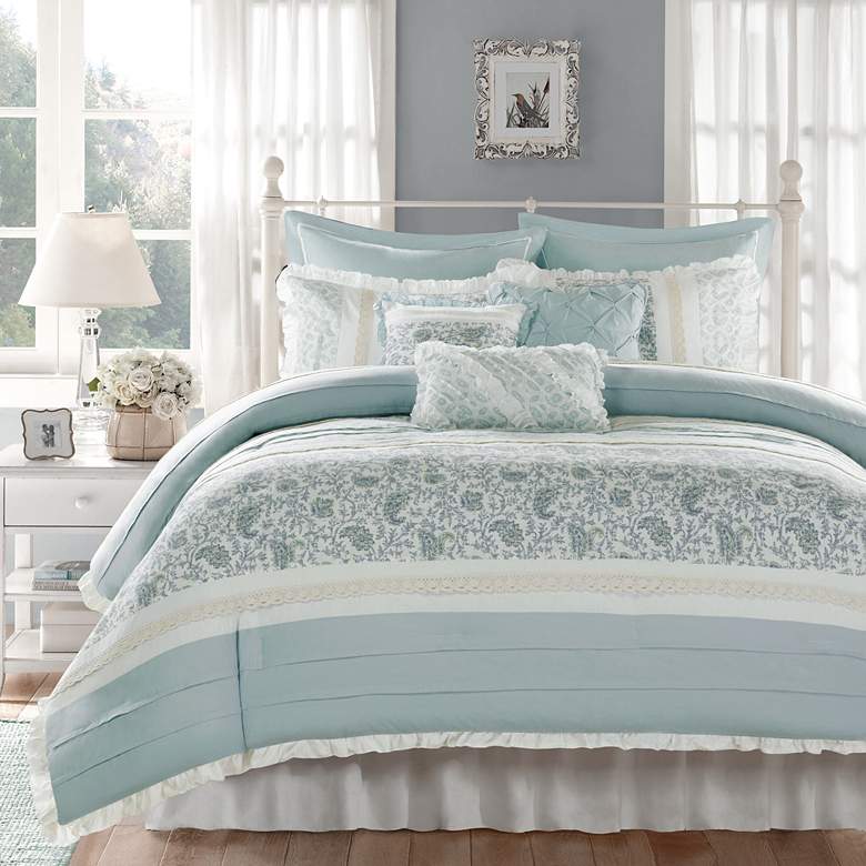Image 1 Dawn Aqua Cotton Queen 9-Piece Comforter Set