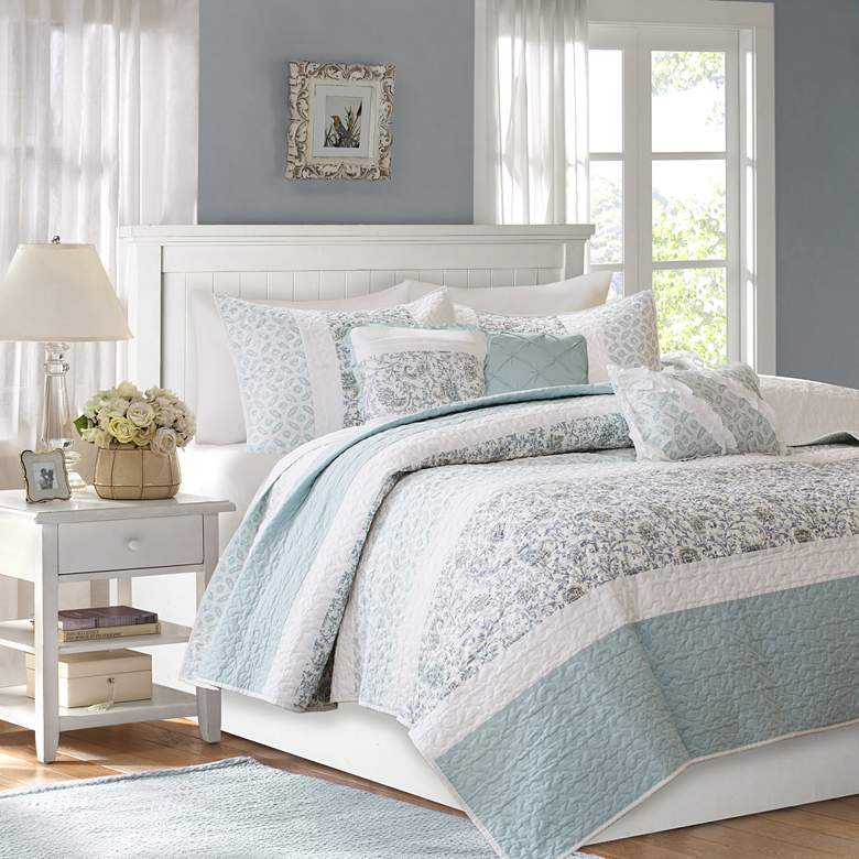 Image 1 Dawn Aqua Paisley Print Full/Queen 6-Piece Coverlet Set