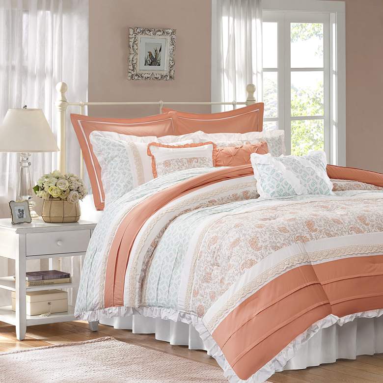 Image 2 Dawn Coral Print Queen 9-Piece Comforter Set