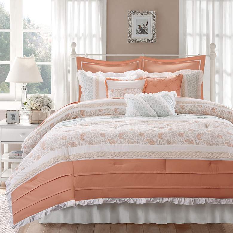 Image 1 Dawn Coral Print Queen 9-Piece Comforter Set