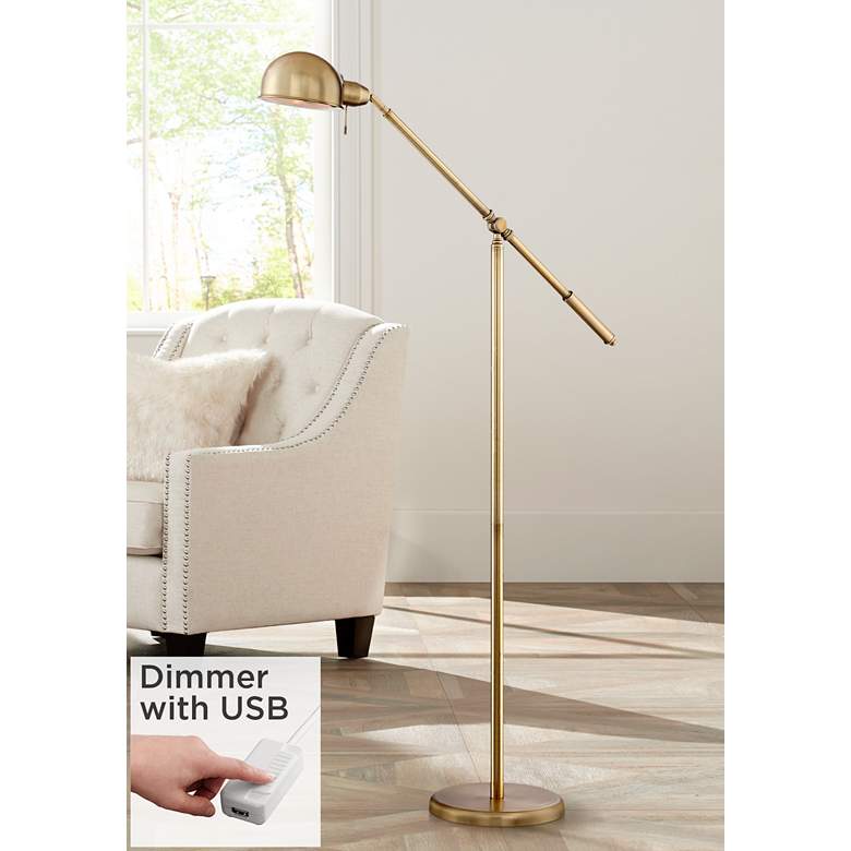 Image 1 Dawson Adjustable Height Antique Brass Pharmacy Floor Lamp with USB Dimmer