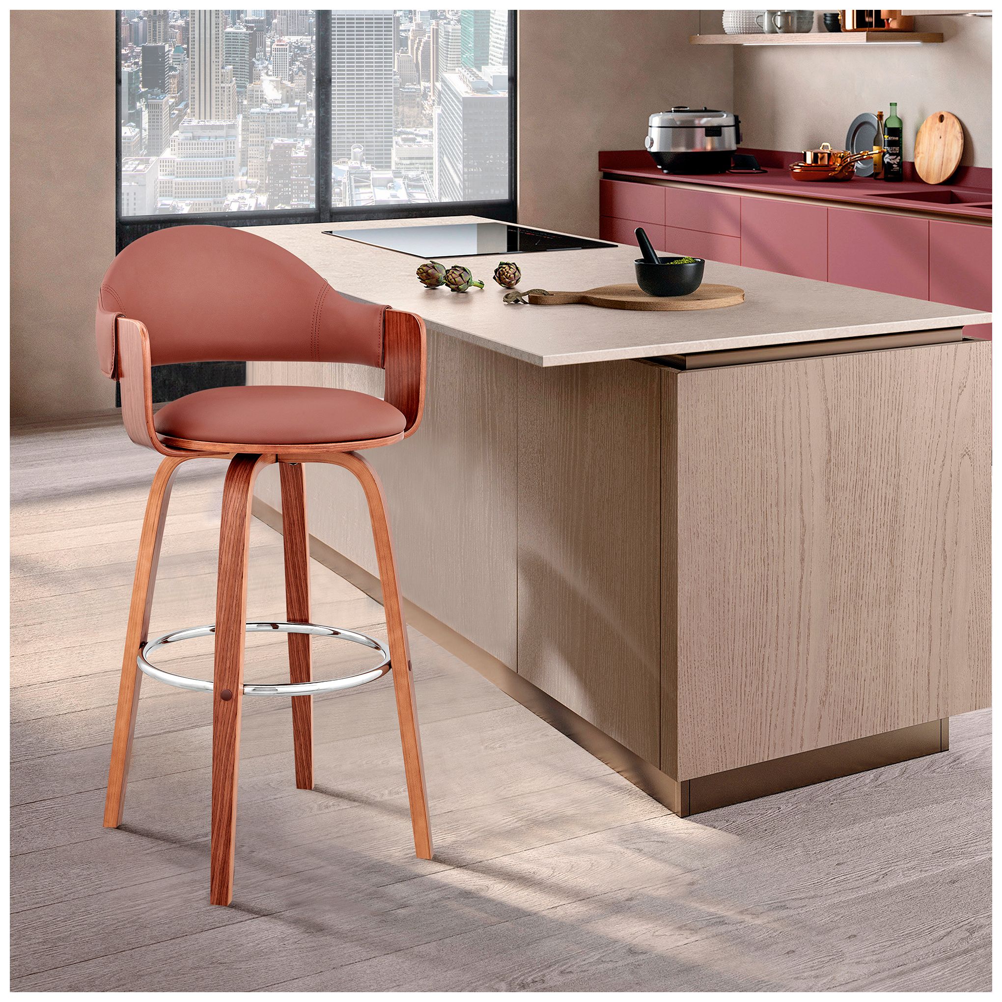 Daxton 26 in. Barstool in Walnut Finish with Brown Faux Leather