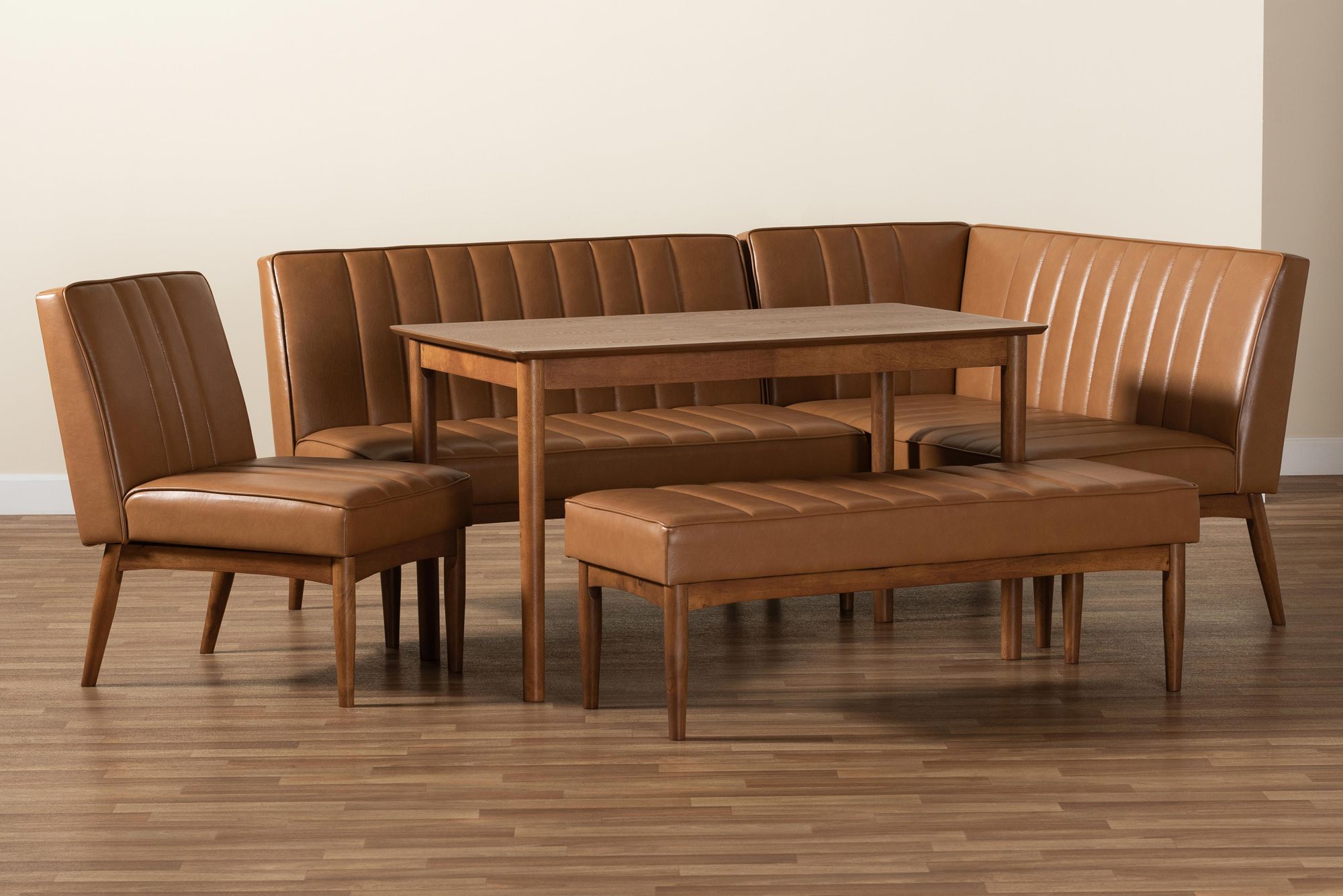 Daymond Tan Faux Leather Tufted 5-Piece Dining Nook Set in scene