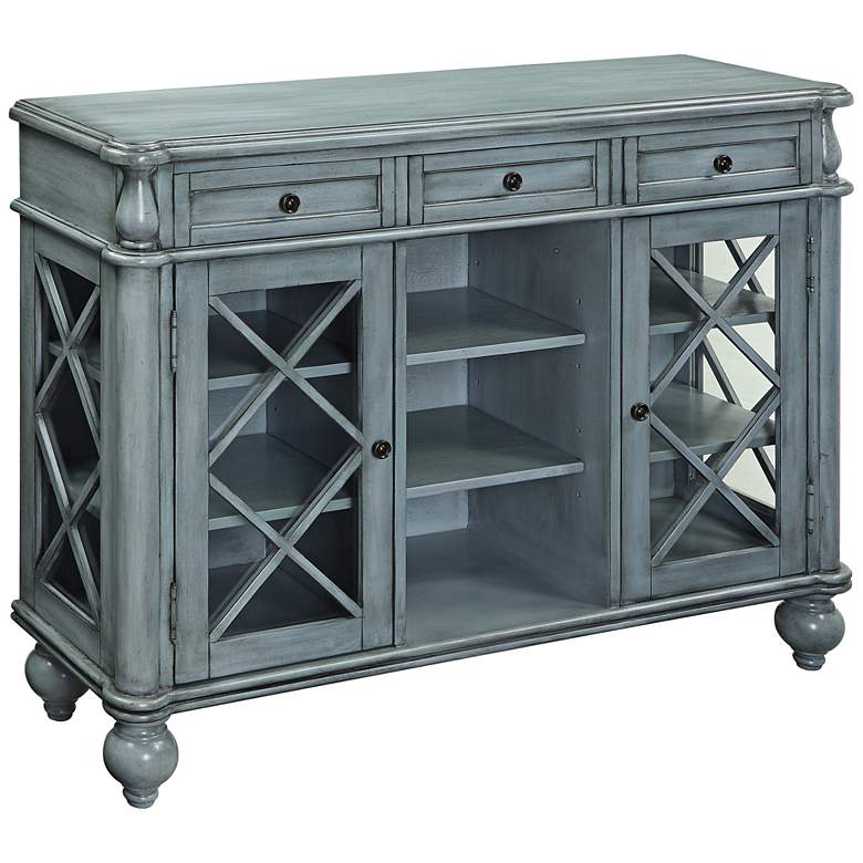 Image 1 Dayna 48" Wide Antiqued Blue Wood Credenza with Glass Doors