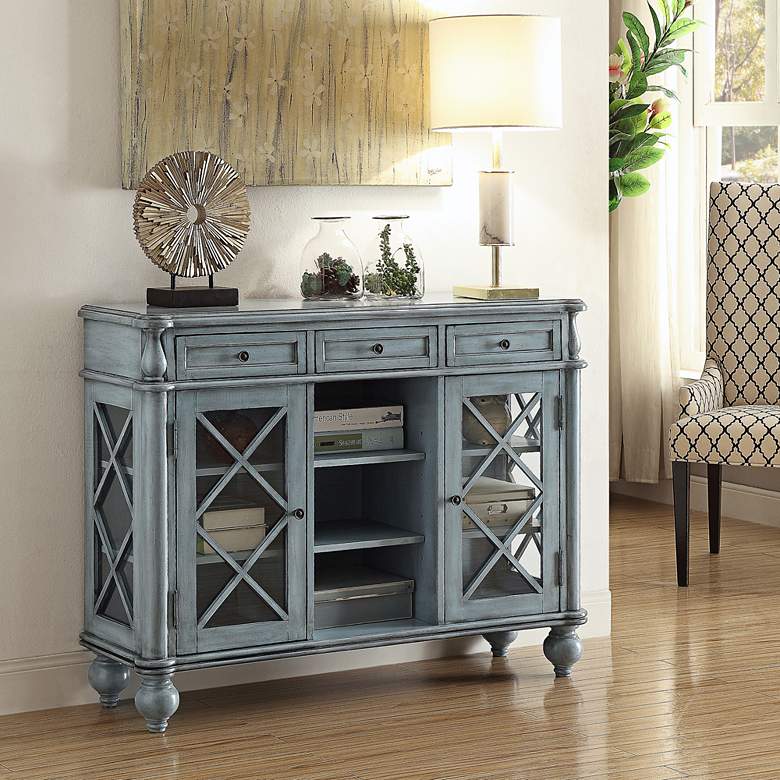 Dayna  48&quot; Wide Antiqued Blue Wood Credenza with Glass Doors more views