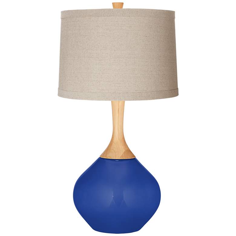 Image 1 Dazzling Blue Natural Linen Drum Shade Wexler Table Lamp