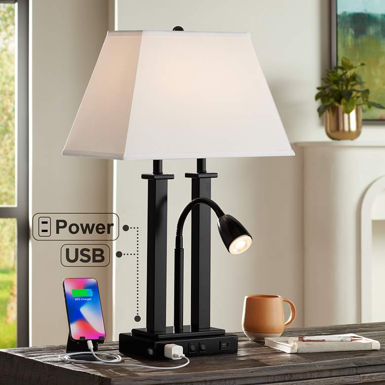Deacon Black Gooseneck Desk Lamp with USB Port and Outlet