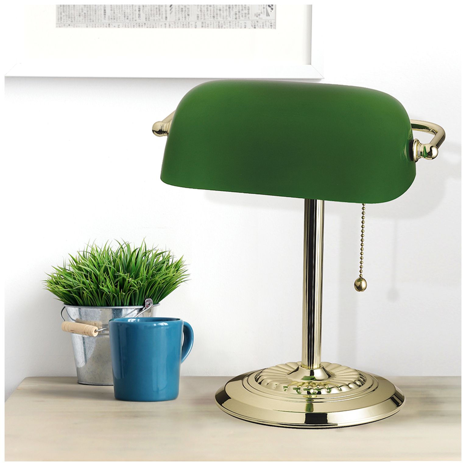 Decia Polished Brass and Green Glass Banker's Desk Lamp