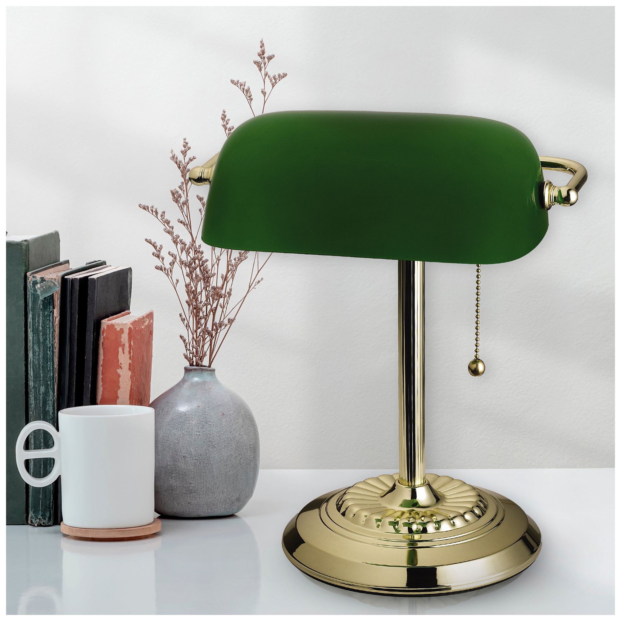 Decia Polished Brass and Green Glass Banker's Desk Lamp