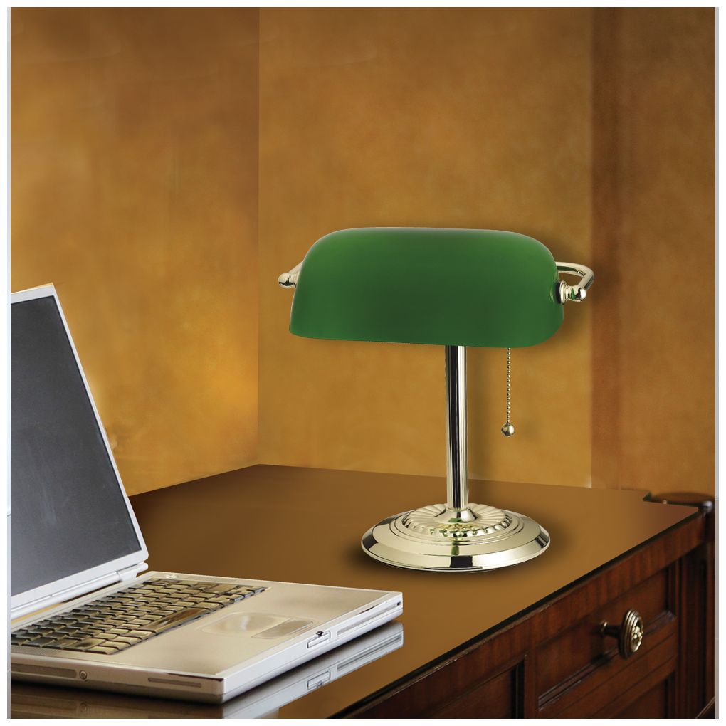 Decia Polished Brass and Green Glass Banker's Desk Lamp