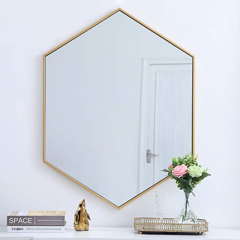 Image 1 Decker Brass Metal 30" x 40" Hexagon Vanity Wall Mirror