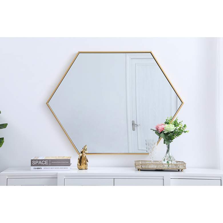 Image 5 Decker Brass Metal 30" x 40" Hexagon Vanity Wall Mirror more views