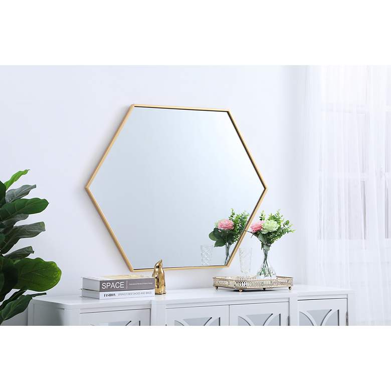 Image 6 Decker Brass Metal 30" x 40" Hexagon Vanity Wall Mirror more views