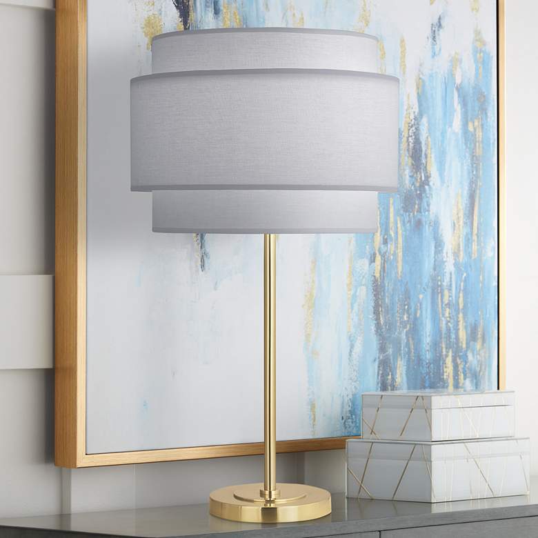 Image 1 Decker Brass Metal Buffet Table Lamp with Pearl Gray Shade