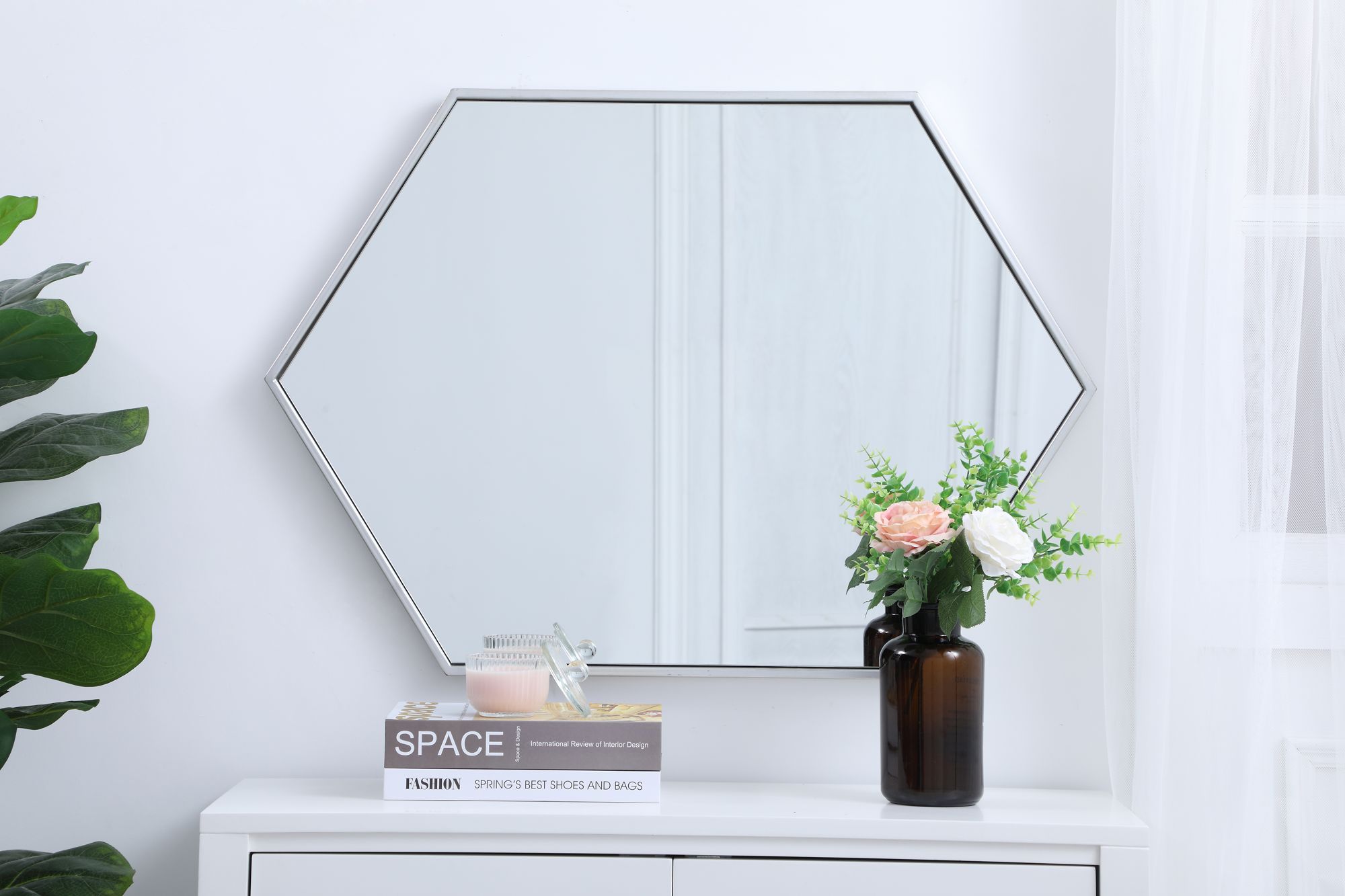 Decker Silver Metal 24" x 34" Hexagon Vanity Wall Mirror in scene