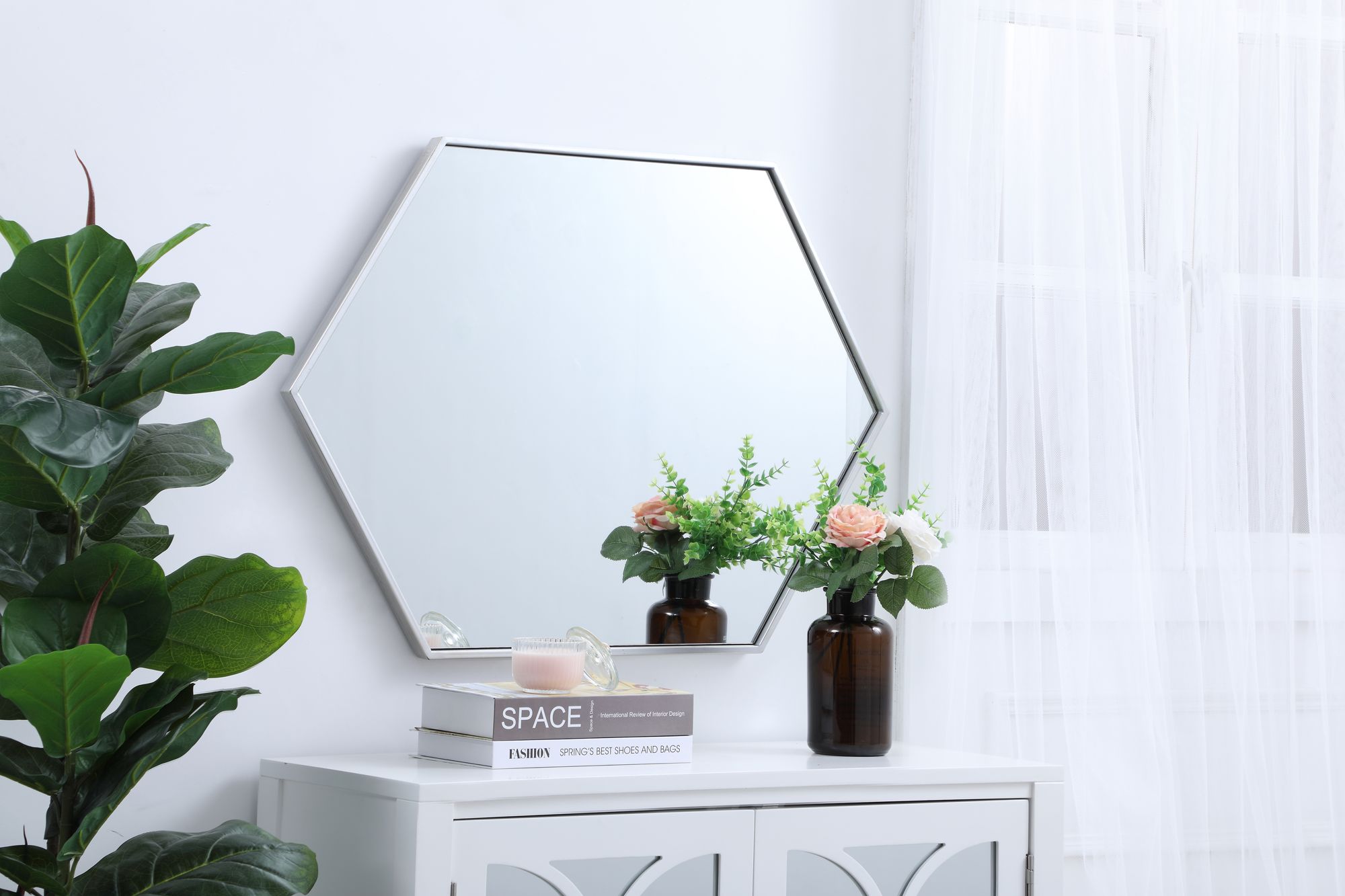 Decker Silver Metal 24" x 34" Hexagon Vanity Wall Mirror in scene