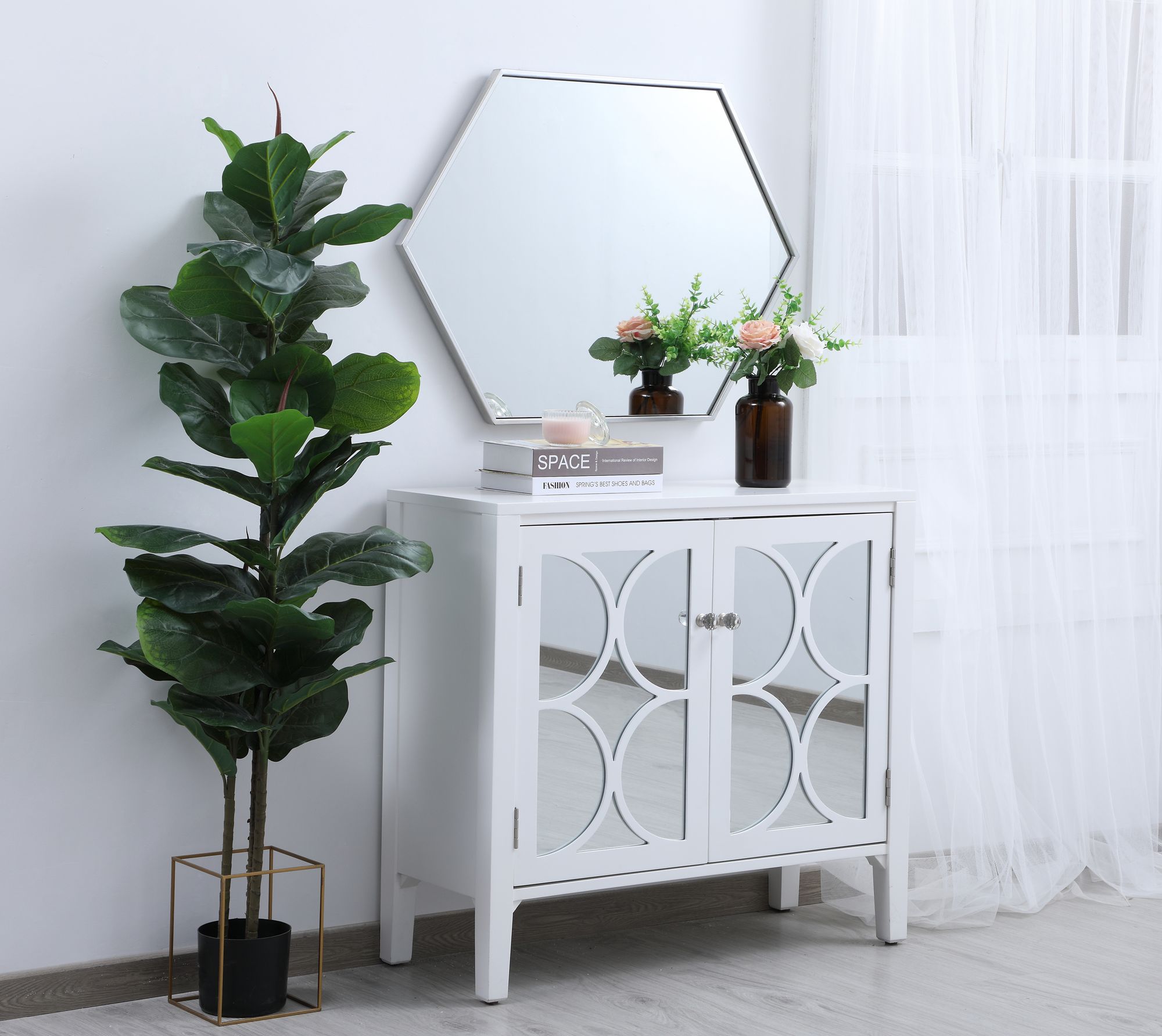 Decker Silver Metal 24" x 34" Hexagon Vanity Wall Mirror in scene