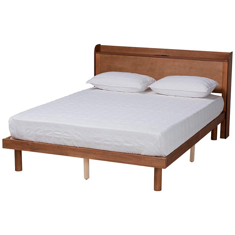 Image 2 Decker Walnut Brown Queen Platform Bed w/ USB Ports Outlets