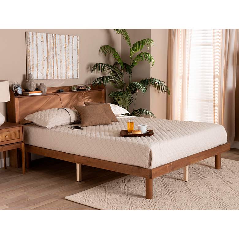 Image 1 Decker Walnut Brown Queen Platform Bed w/ USB Ports Outlets