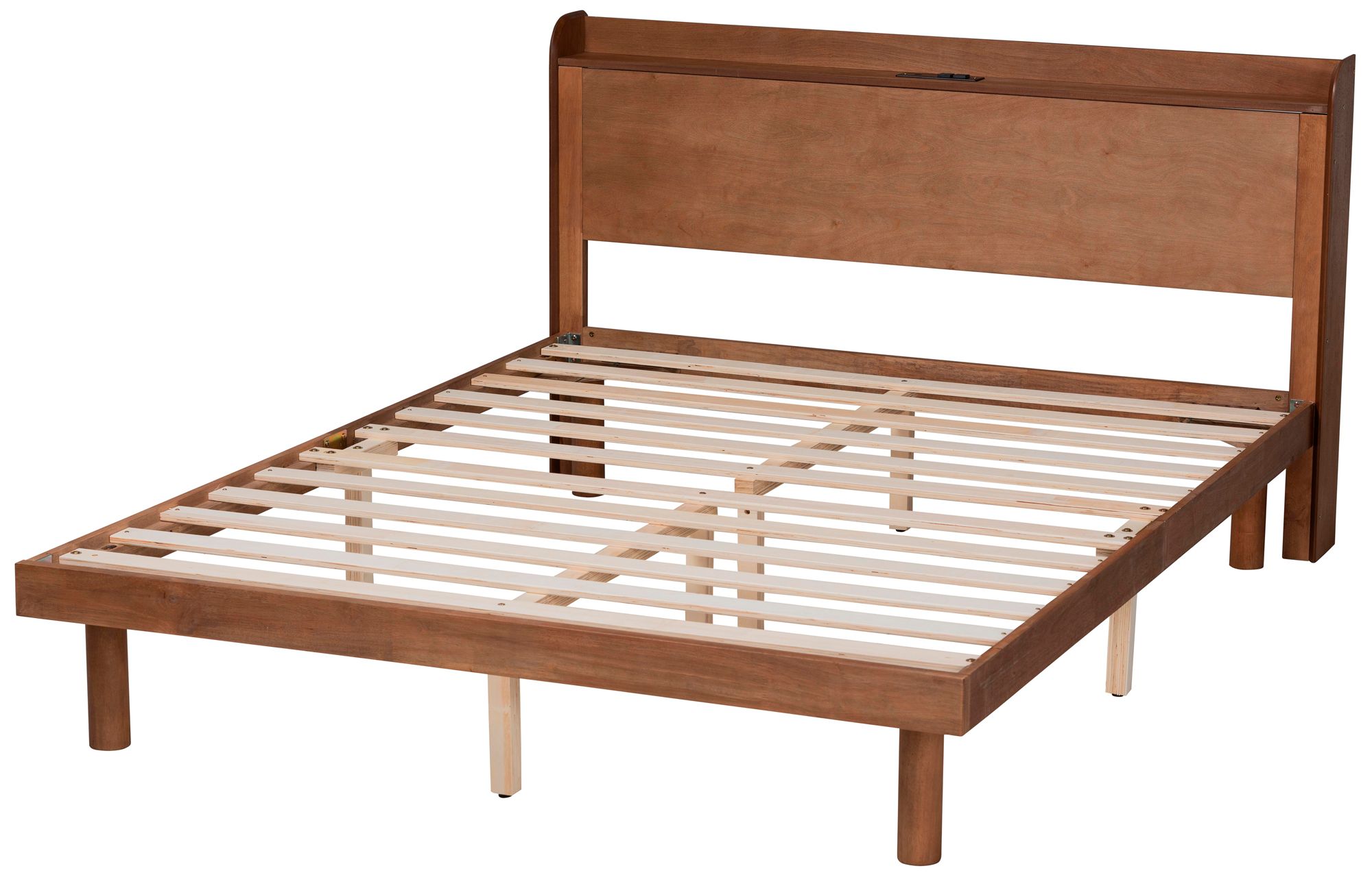 Decker Walnut Brown Queen Platform Bed w/ USB Ports Outlets