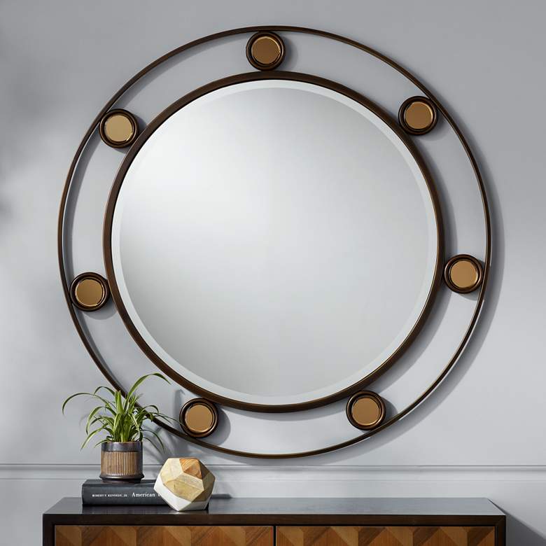 Image 1 Declan Dark Brown and Copper 33 inch Round Wall Mirror