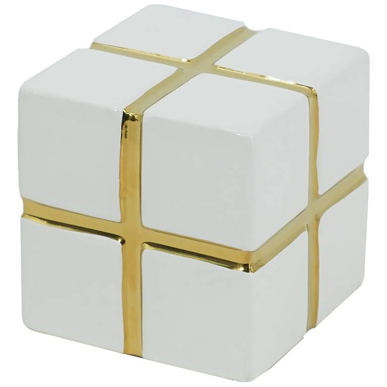 Image 1 Decorative Ceramic Cube White/Gold 3.3x3.3x3.3"
