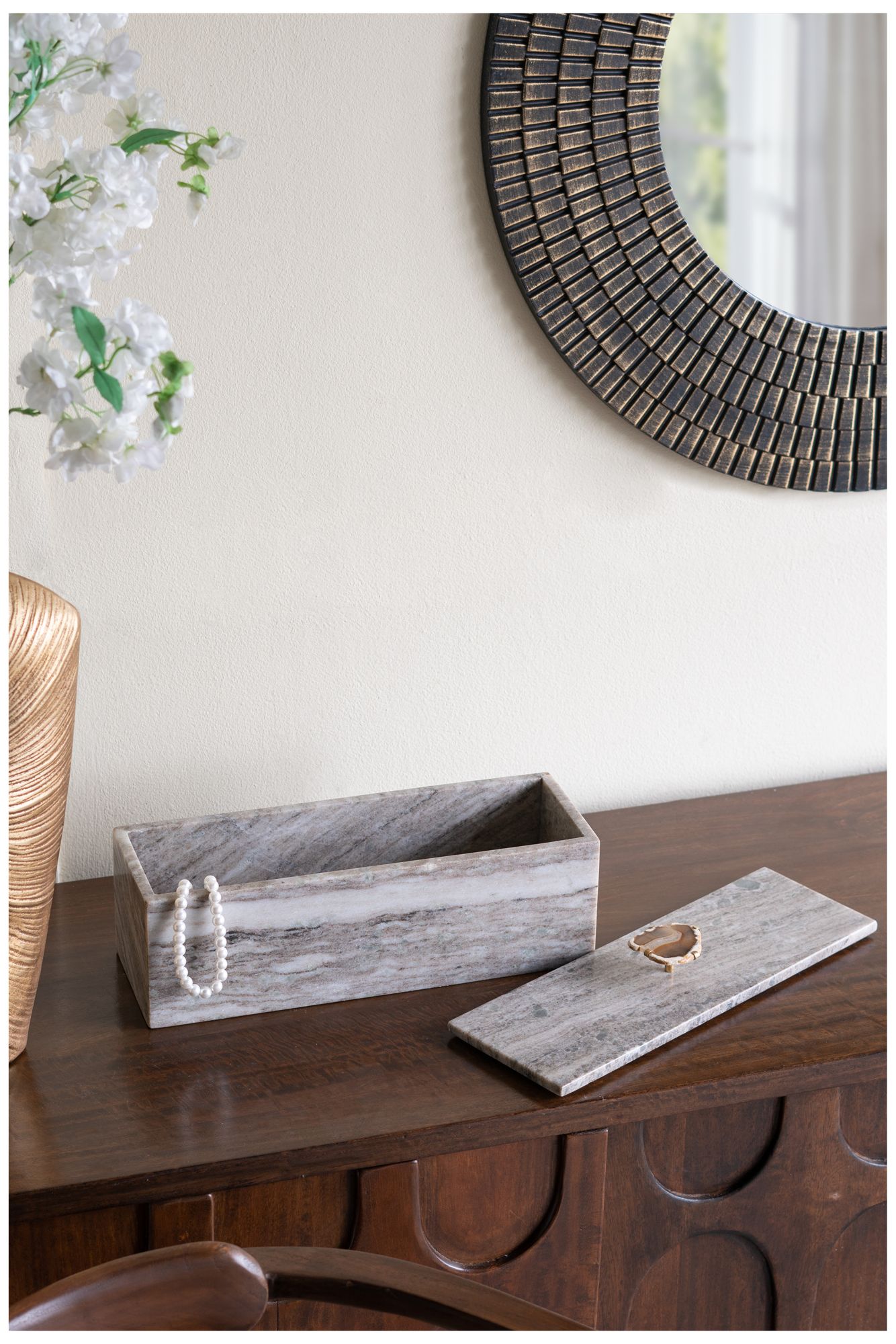 Image 6 Decorative Gray Marble Storage Box with Brass and Agate Handle more views