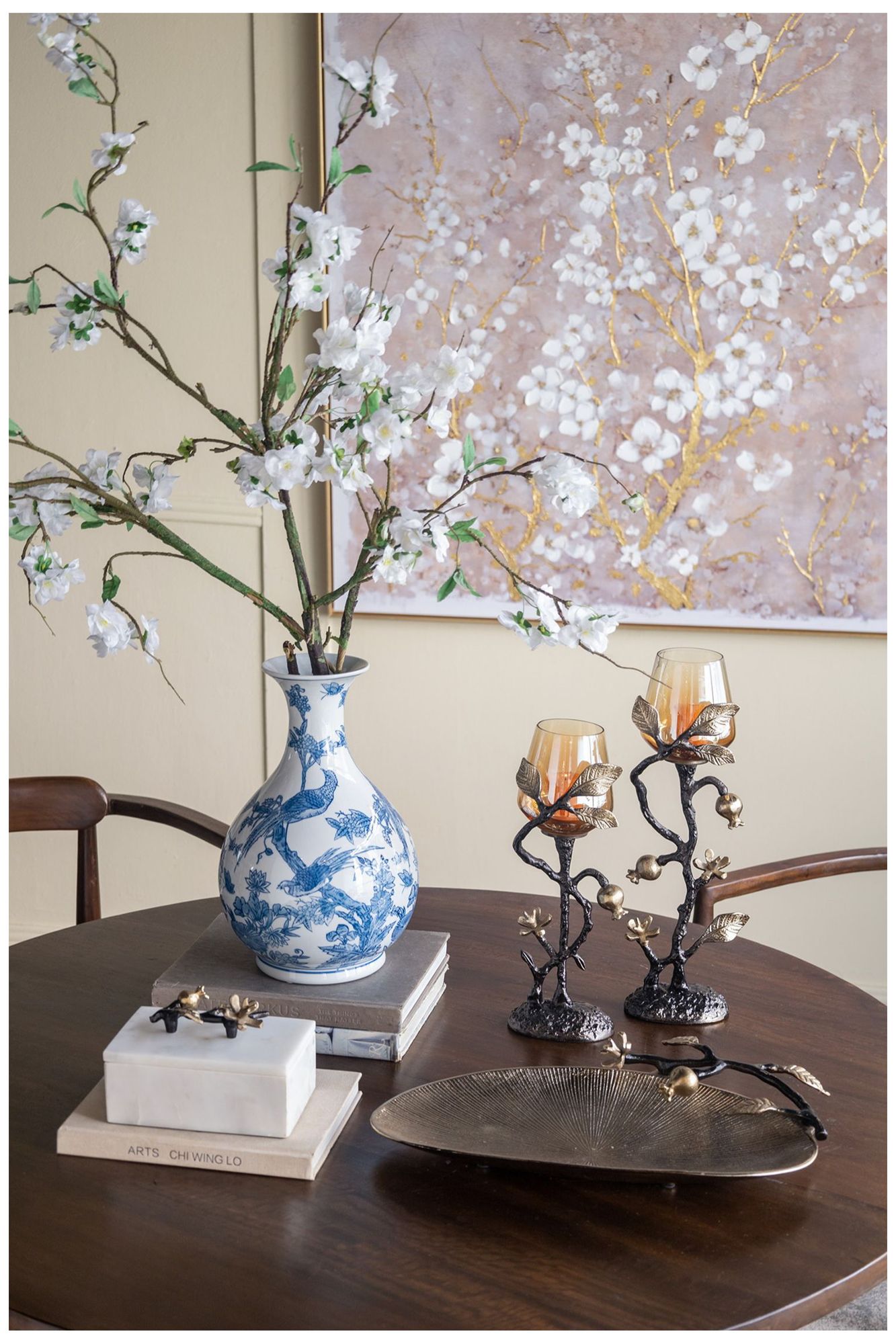 Decorative Natural White Marble Storage Box Black Gold Branch