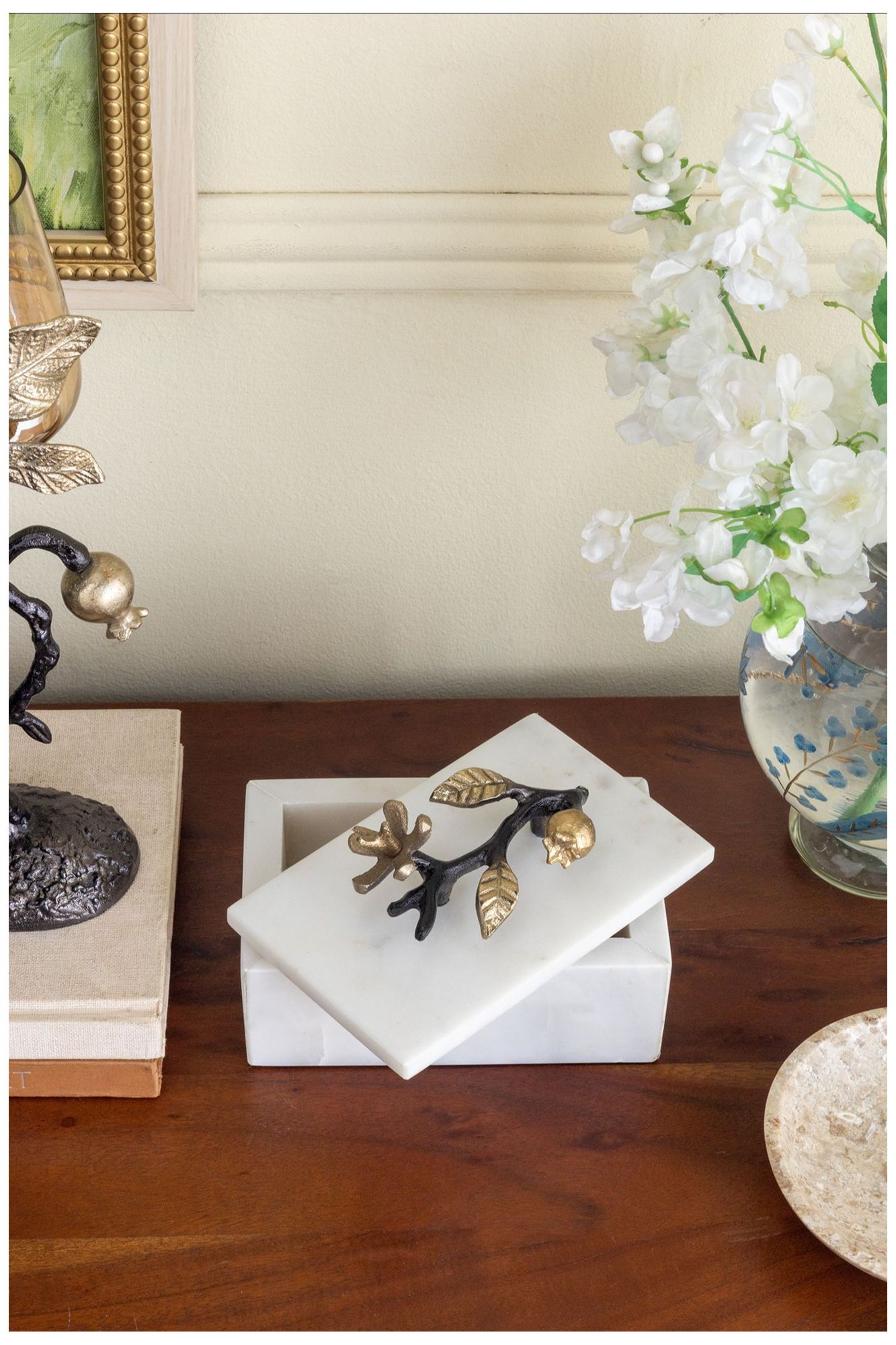 Decorative Natural White Marble Storage Box w/ Black & Gold Branch Accent