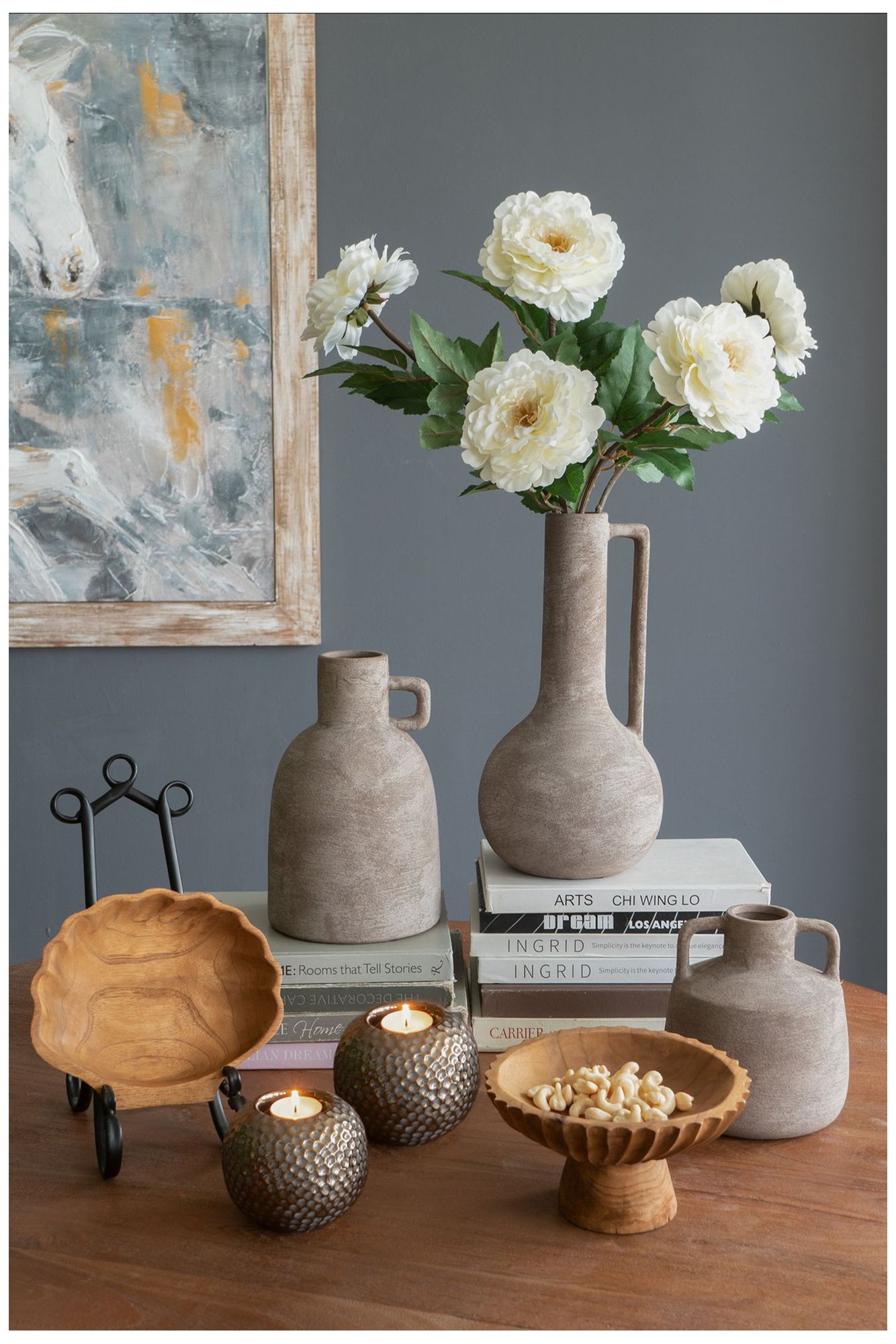 Decorative Terracotta Jug Vase w/ H&les & Weathered Gray Finish
