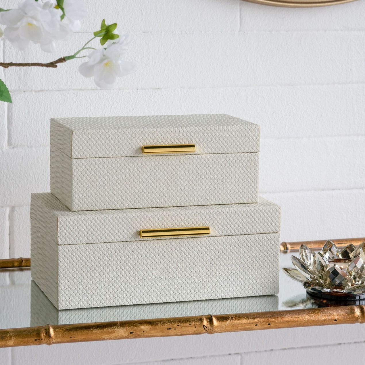 Thumbnail1 of Decorative Wooden Storage Boxes White Faux Leather Finish & Gold